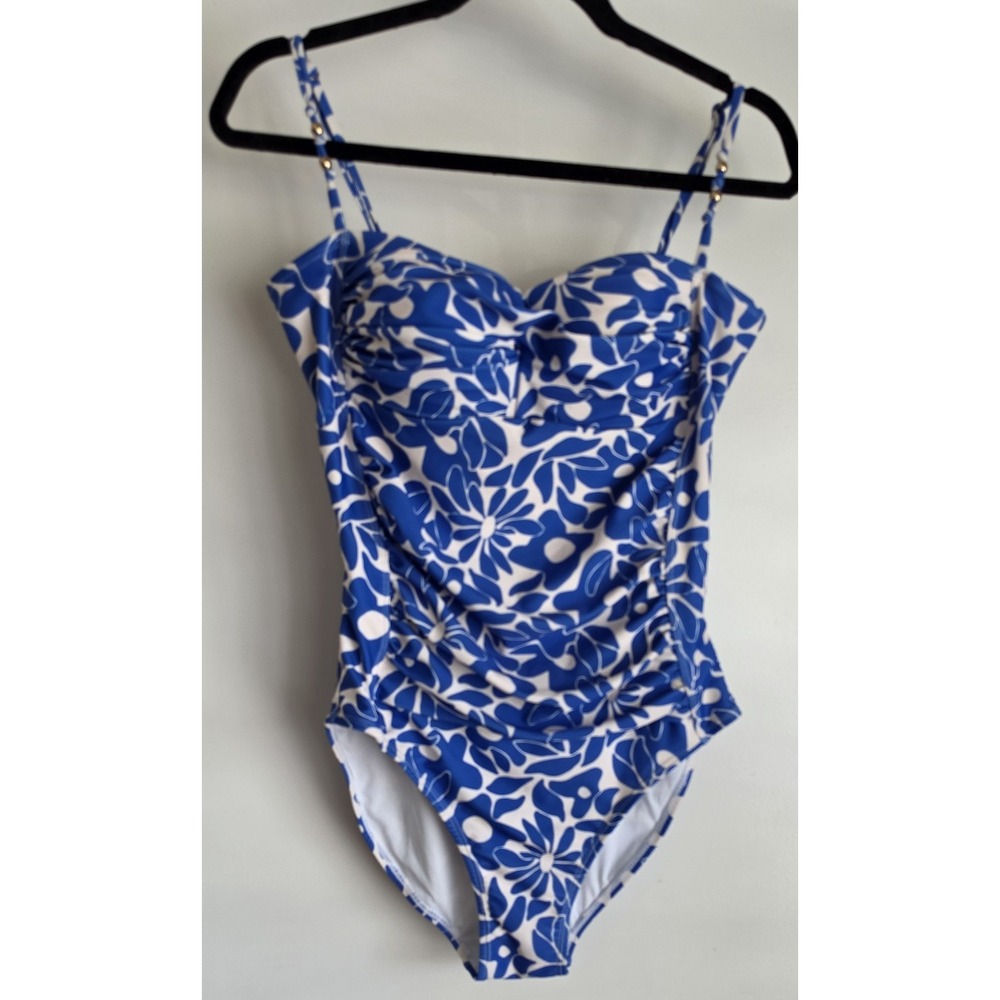 Nicole Miller Studio Women's One Piece Swimsuit‎ Size L Blue Floral Polyester